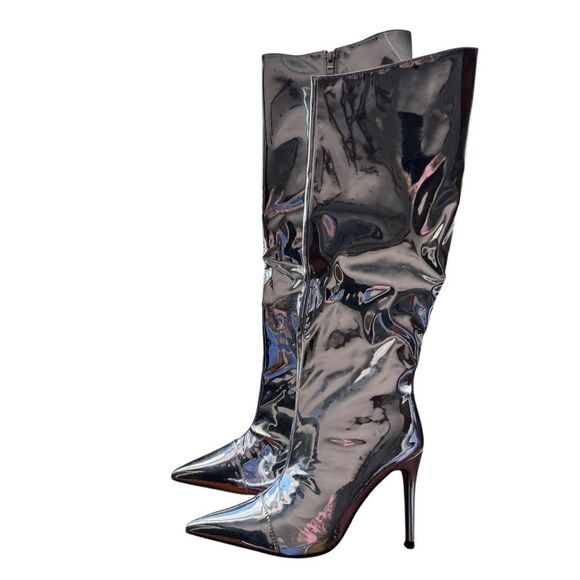 Arqa Knee Silver Metallic High Boots Women Wide Calf Stiletto Heel Zipper 8.5 39 - Picture 4 of 13
